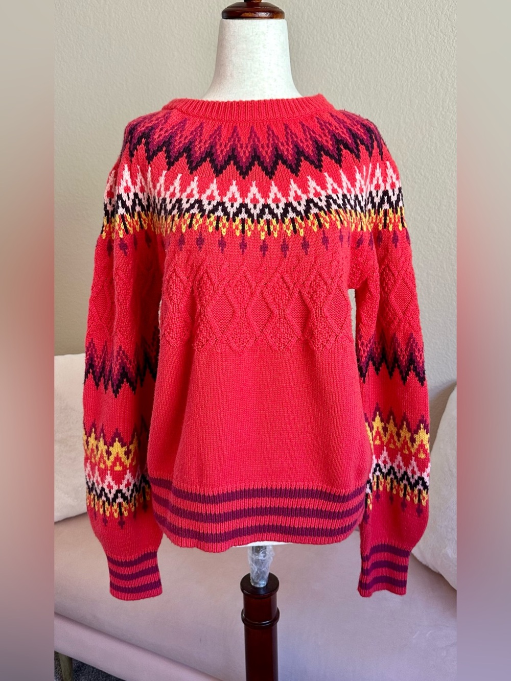 Sundance Sweater Red Fair Isle Wool Cotton Blend Knit Women’s XS Nordic Heritage